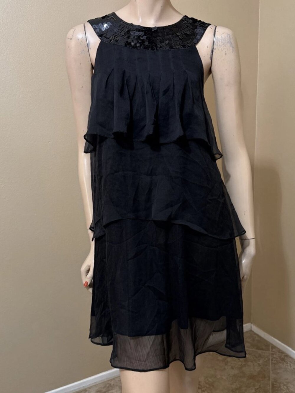 Women’s Black Polyester Cocktail Sheer Layered Lined Beaded Button Size S Dress